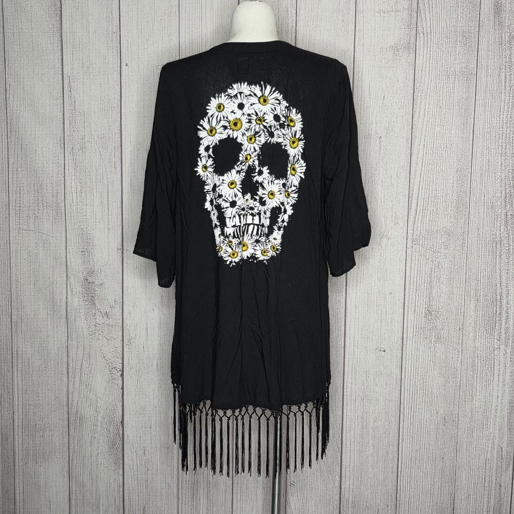 Hot Topic Daisy Skull Kimono XL/2X Black Fringe Tassel Gothic Floral